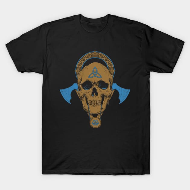 Viking Skull Nordic Scandinavian Norse Pagan Symbols T-Shirt by Blue Pagan